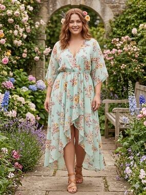 LIFE Boho Floral Hi-Low Maxi Dress Mint Green XL Love Is For Eternity Chiffon